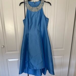 Elegant Blue Dress with Beaded Collar, Cocktail dress, wedding guest dress
